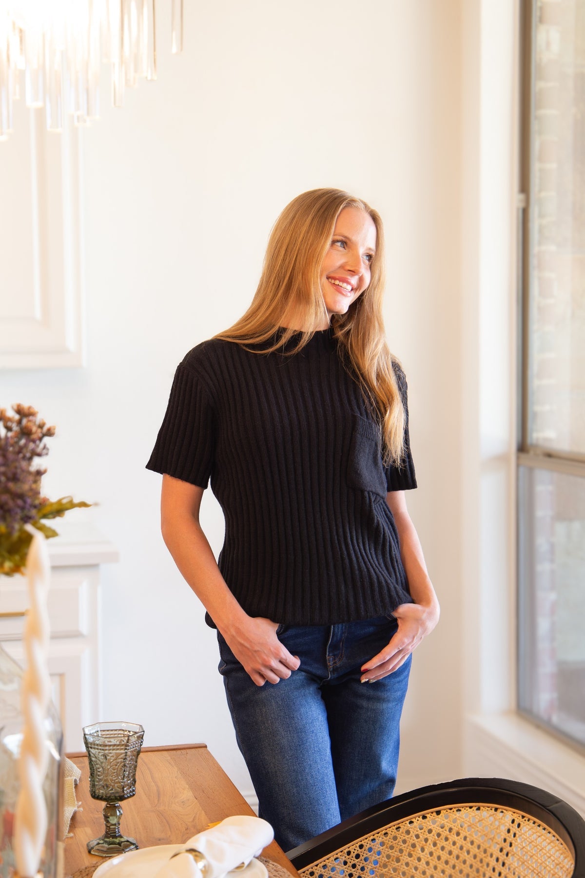 The Sarinna Mock Neck Short Sleeve Pullover Sweater -  Black