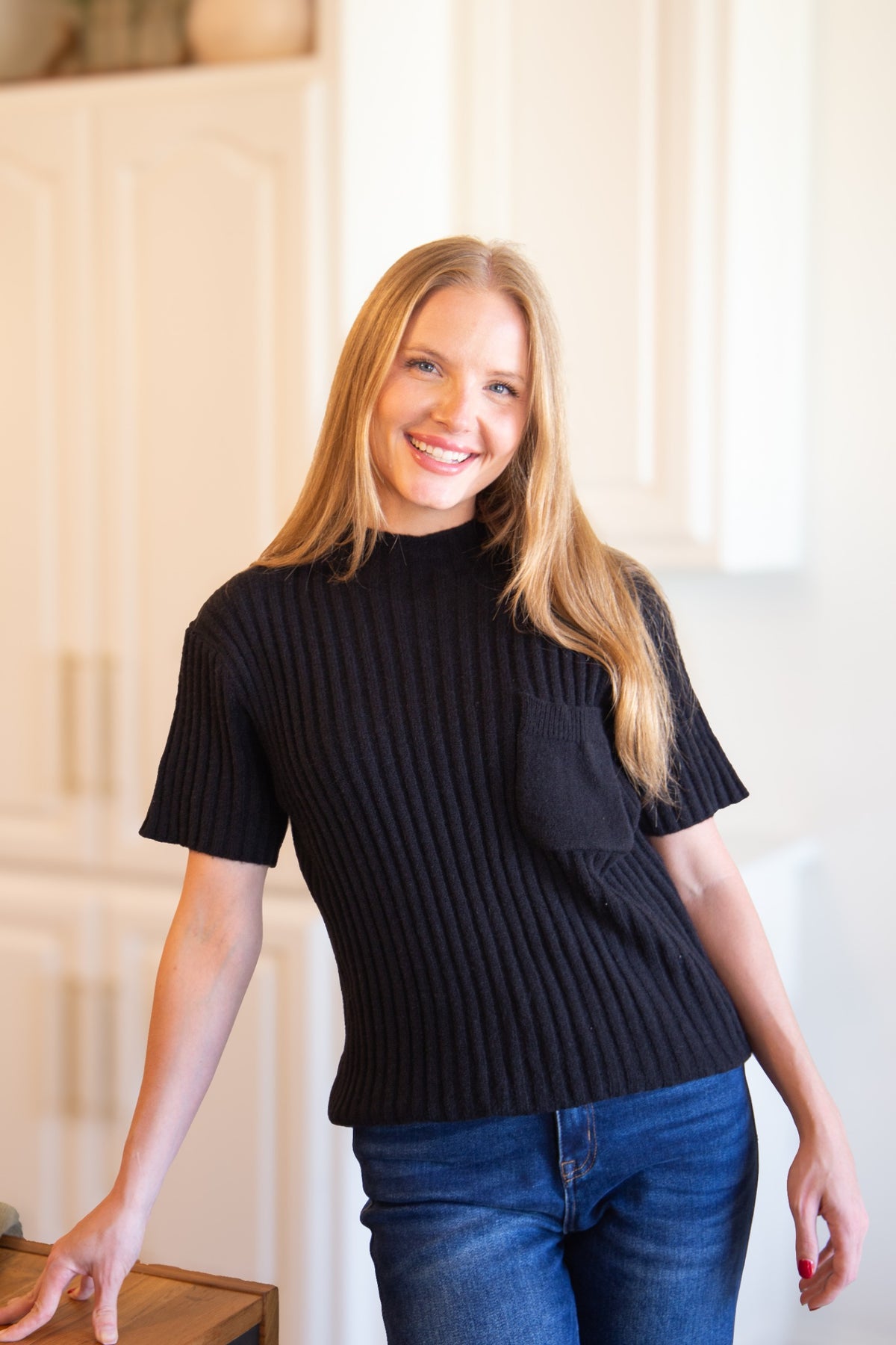 The Sarinna Mock Neck Short Sleeve Pullover Sweater -  Black