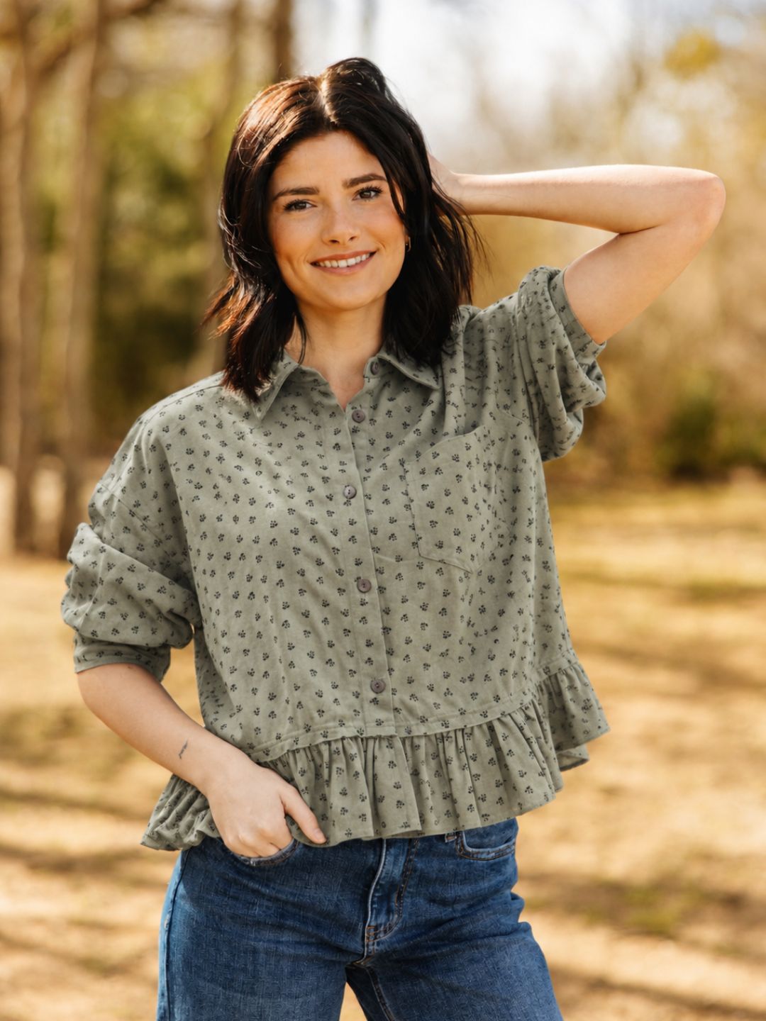 The Libbie Green Floral Print Ruffle Jacket
