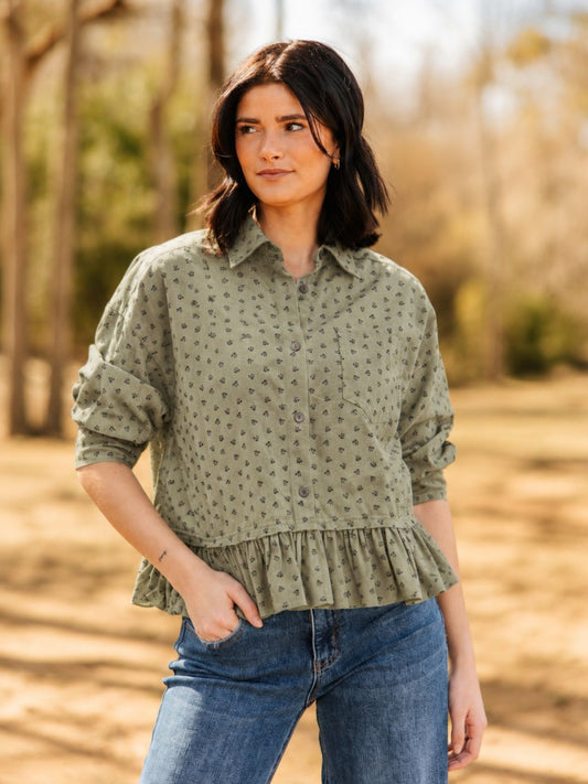The Libbie Green Floral Print Ruffle Jacket