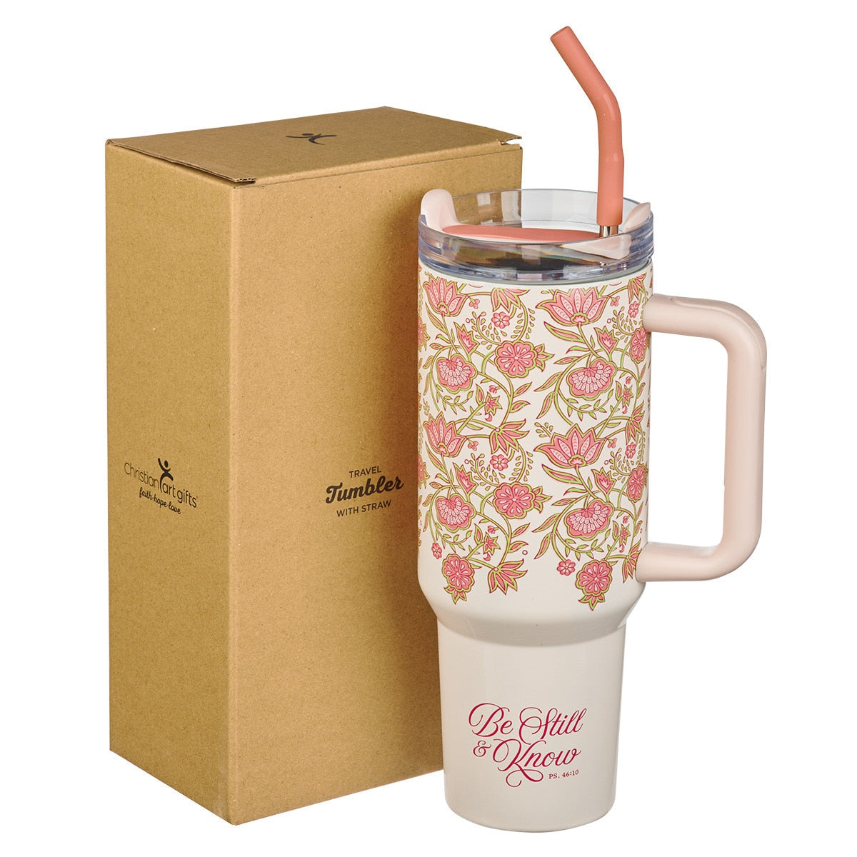 Be Still and Know Pink Spring Floral 40 Oz Tumbler with Straw - Psalm 46:10