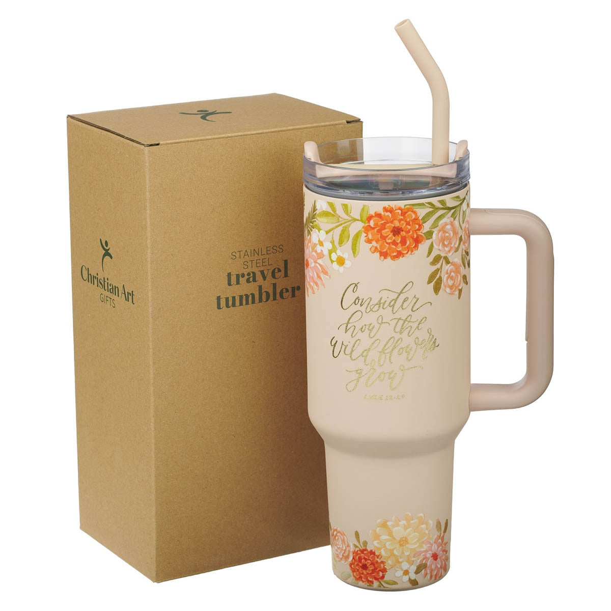 Consider the Wildflowers 40 oz Peach Stainless Steel Tumbler with Straw - Luke 12:27