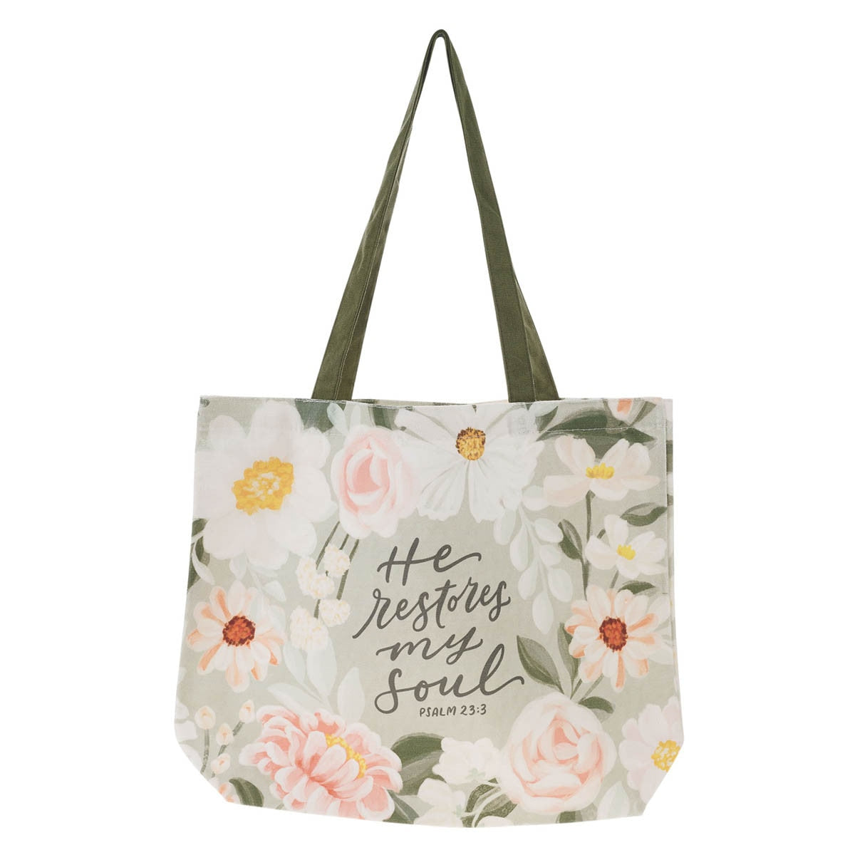 He Restores My Soul Green Floral Garden Canvas Tote Bag - Psalm 23:3