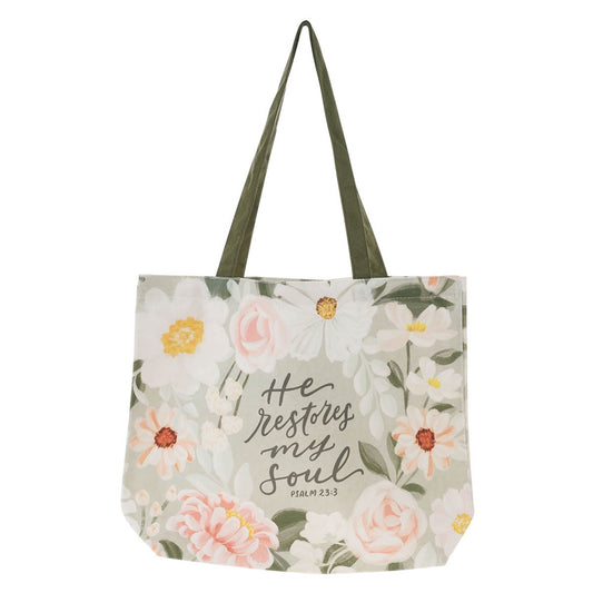 He Restores My Soul Green Floral Garden Canvas Tote Bag - Psalm 23:3