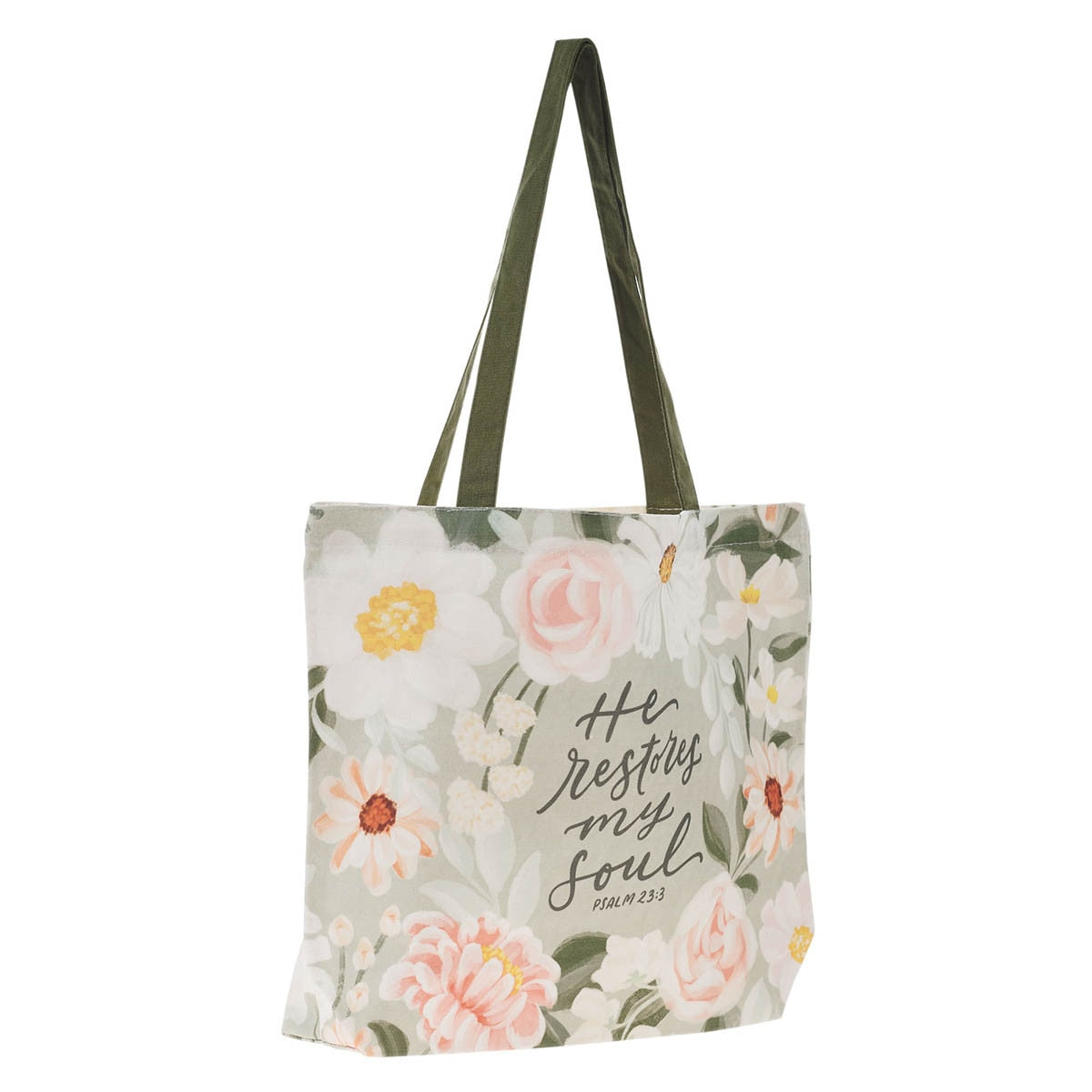 He Restores My Soul Green Floral Garden Canvas Tote Bag - Psalm 23:3