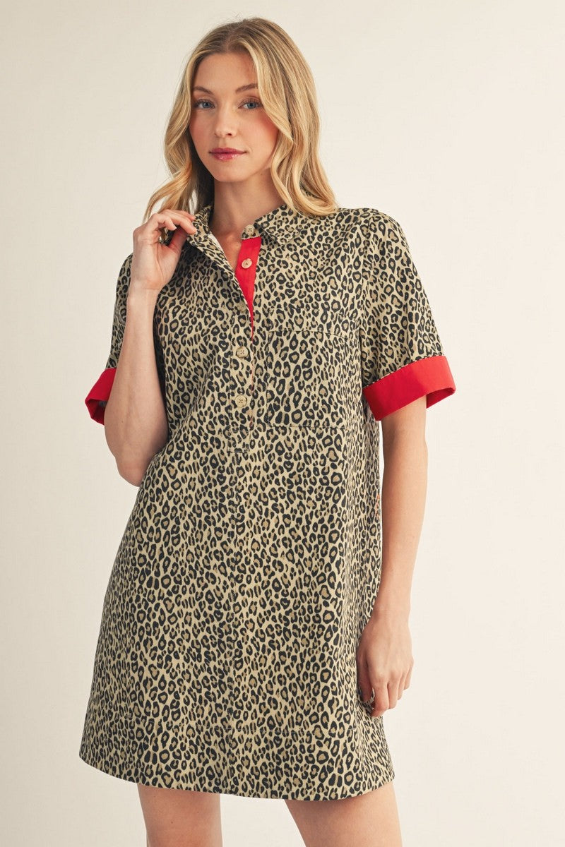The Malorie Color Contrast Accent Leopard Dress - Beige