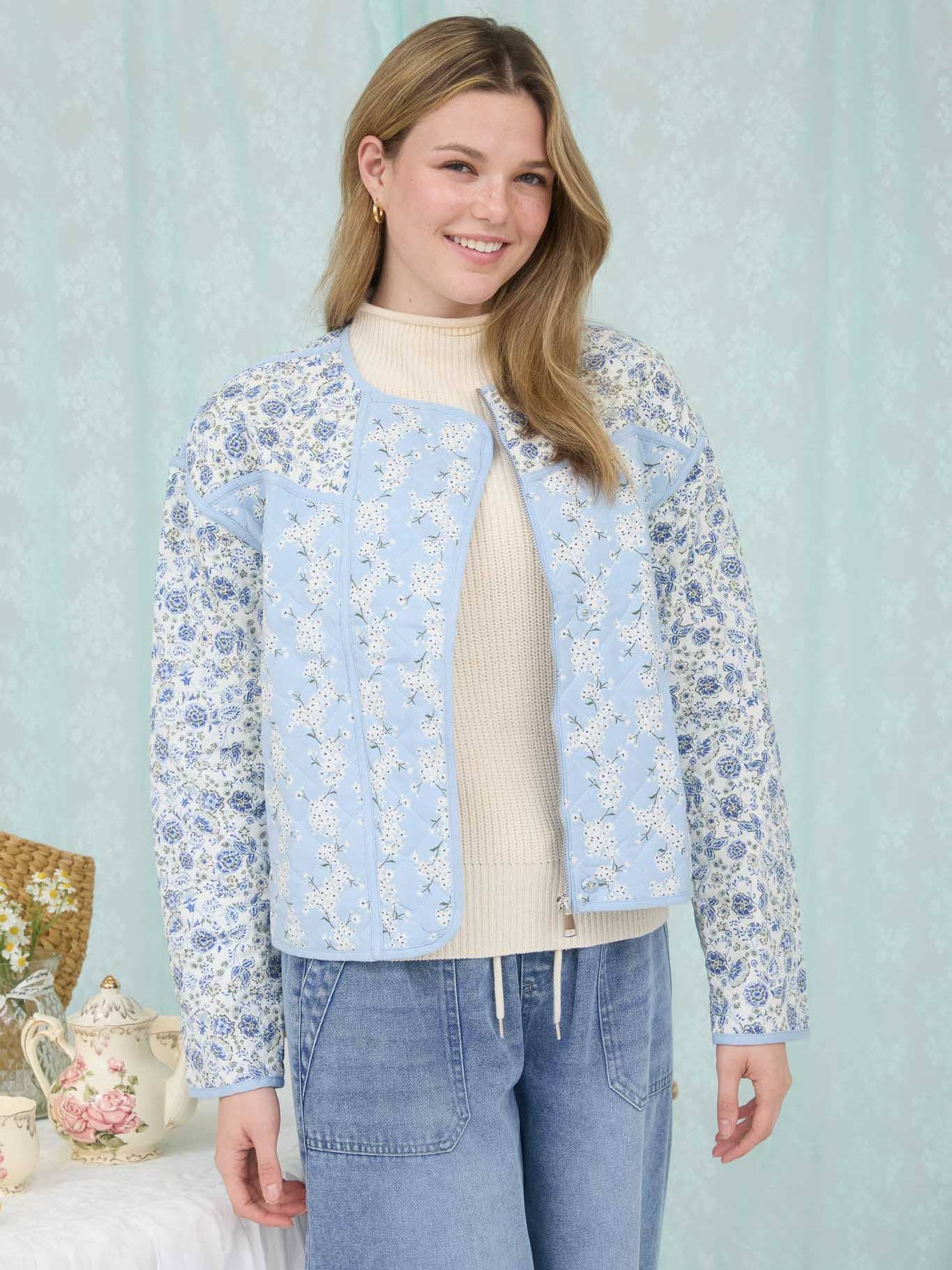 The Piper Colorblock Floral Zip-Up Quilted Jacket