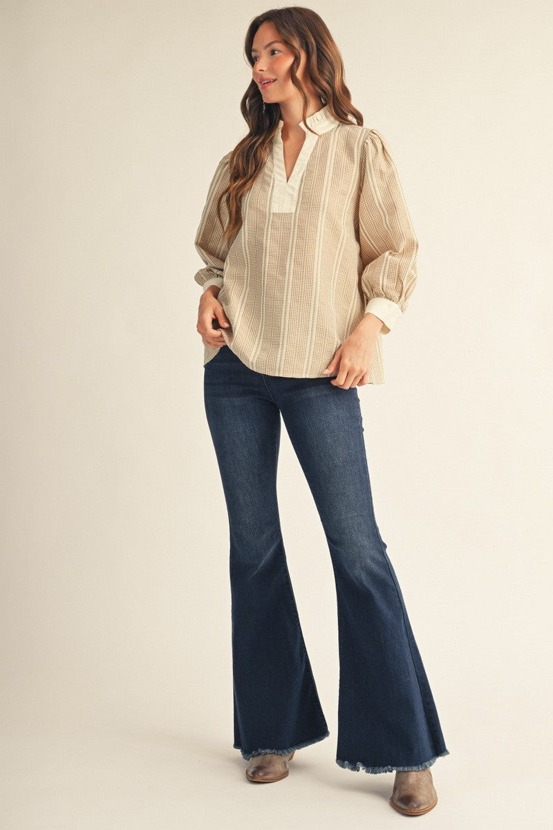The Brock Ruffled Neckline Gingham Top - Taupe