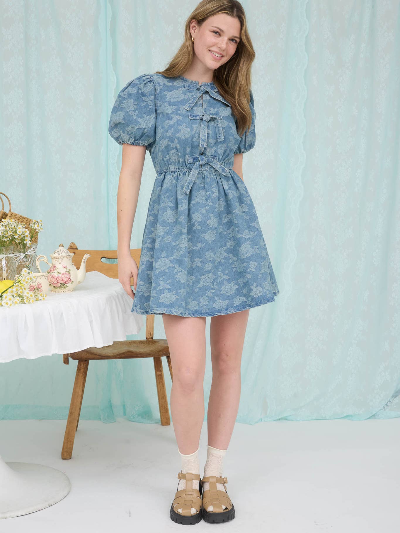 The Indie Rose Front Tie Puff Sleeve Denim Mini Dress
