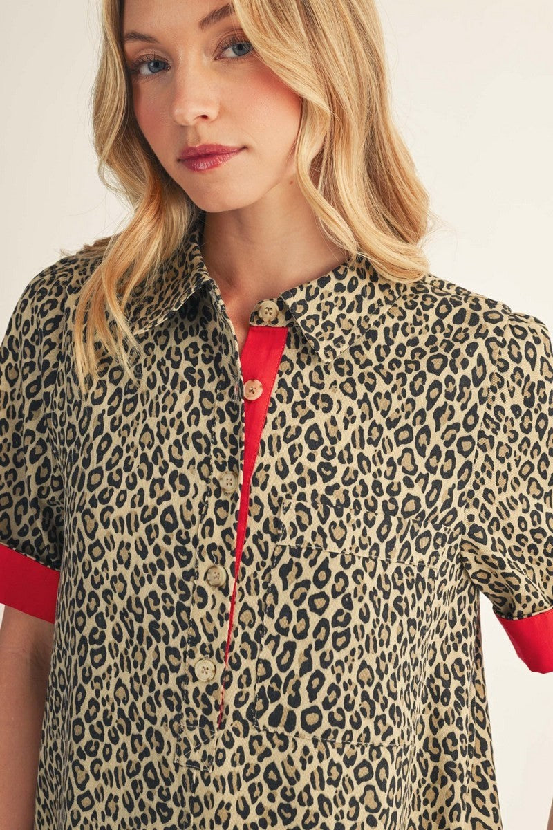 The Malorie Color Contrast Accent Leopard Dress - Beige
