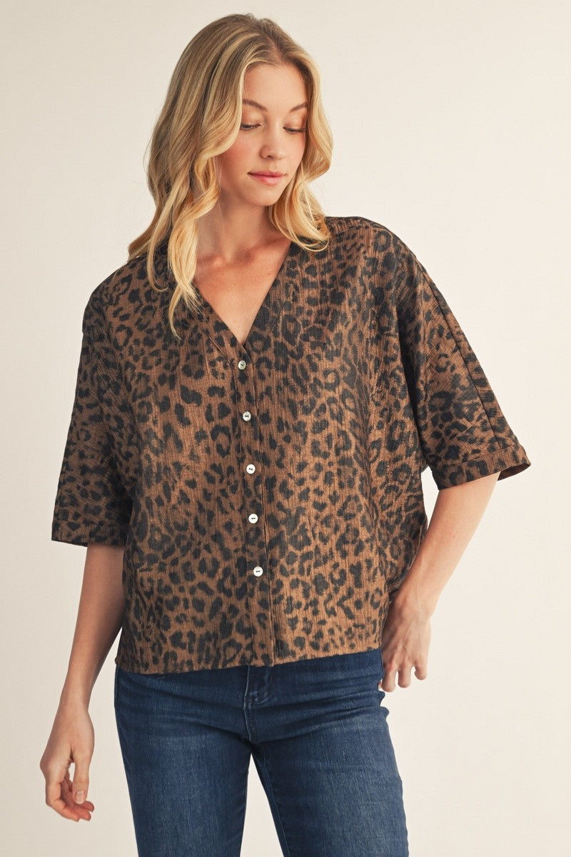 The Hayden Metallic Leopard Button Down Top - Brown