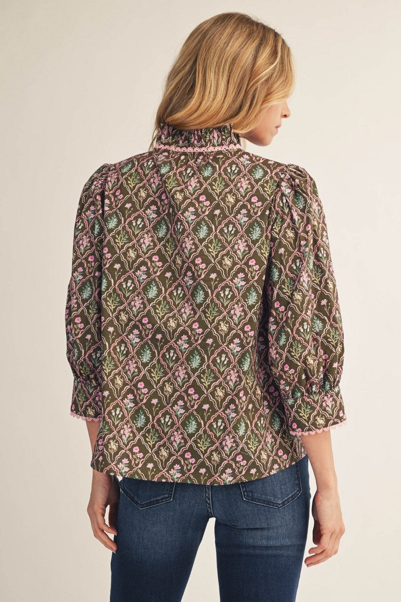 The Fauna Ruffle Neck Floral Pleated Top - Brown