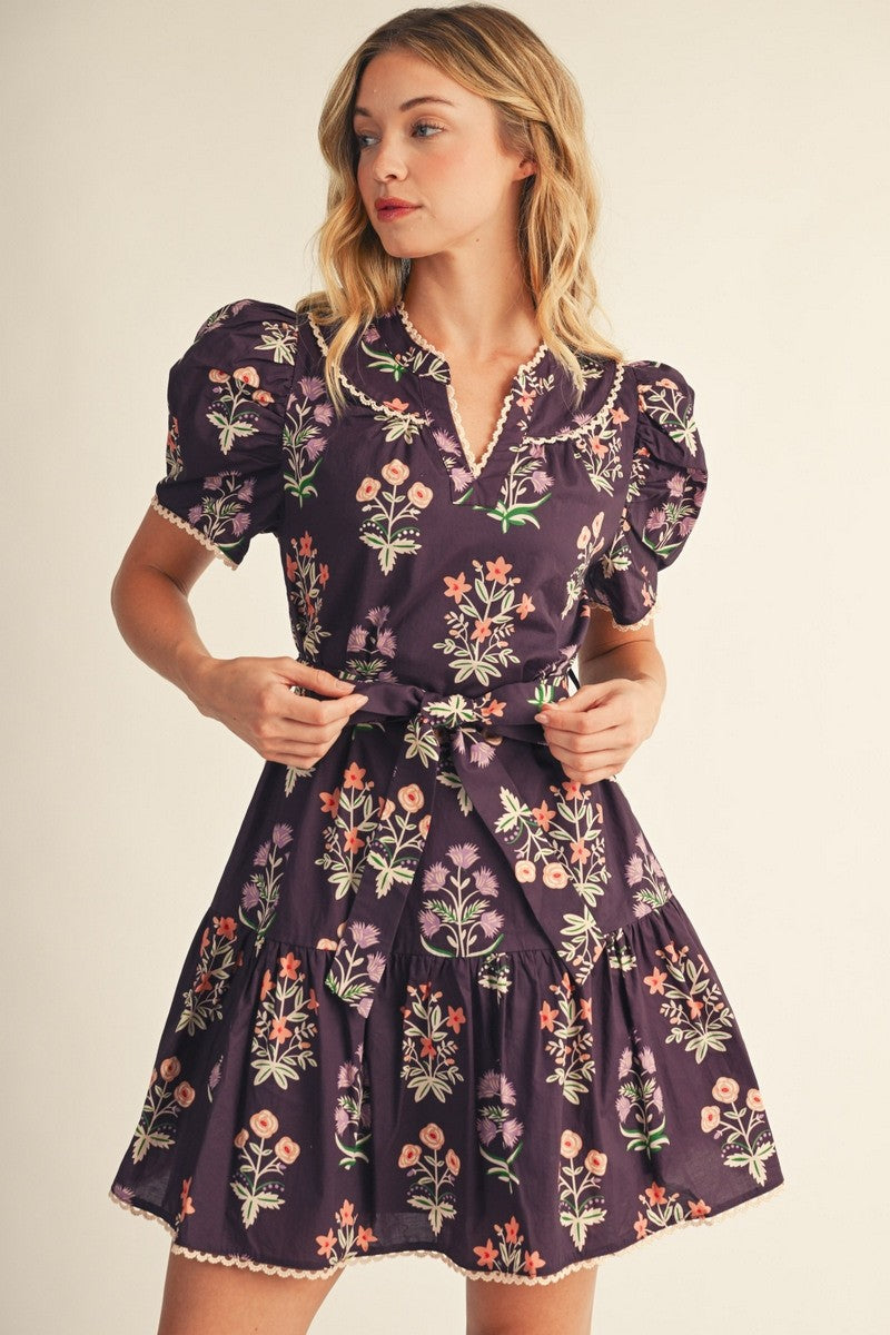 The Faelan Puff Shoulder Floral Dress - Eggplant