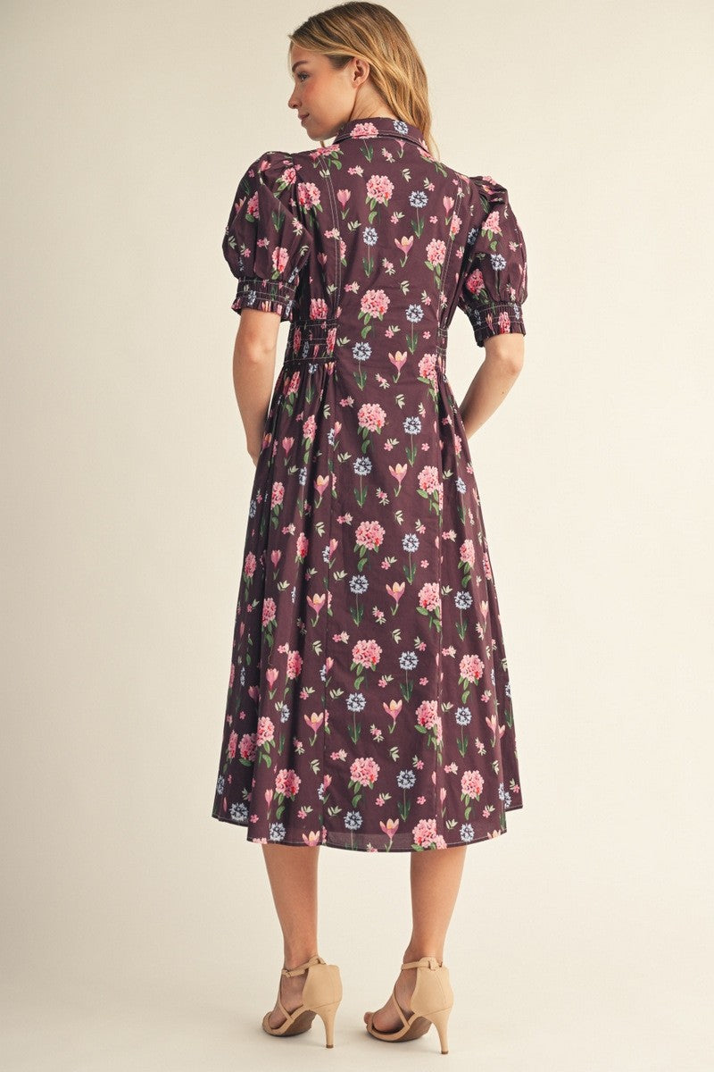 The Amelia Smocking Detail Button Down Floral Midi Dress - Eggplant