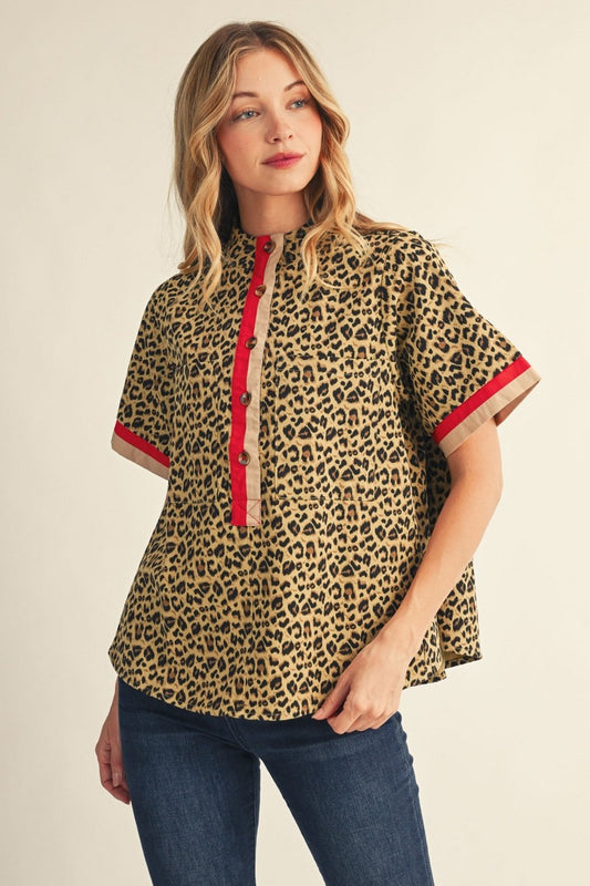 The Camren Contrast Accent Mock Neck Leopard Top - Taupe