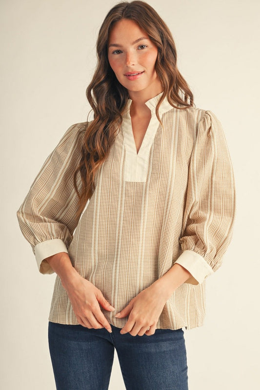 The Brock Ruffled Neckline Gingham Top - Taupe