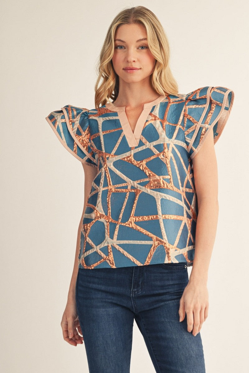 The Giada Abstract Metallic Jacquard Top - Turquoise