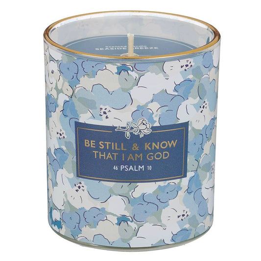 Glass Candle - Blue/White Be Still & Know Psalm 46:10