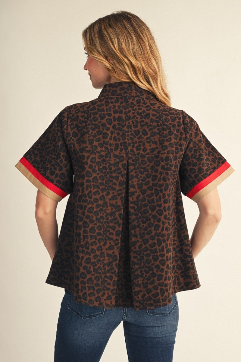 The Camren Contrast Accent Mock Neck Leopard Top - Brown