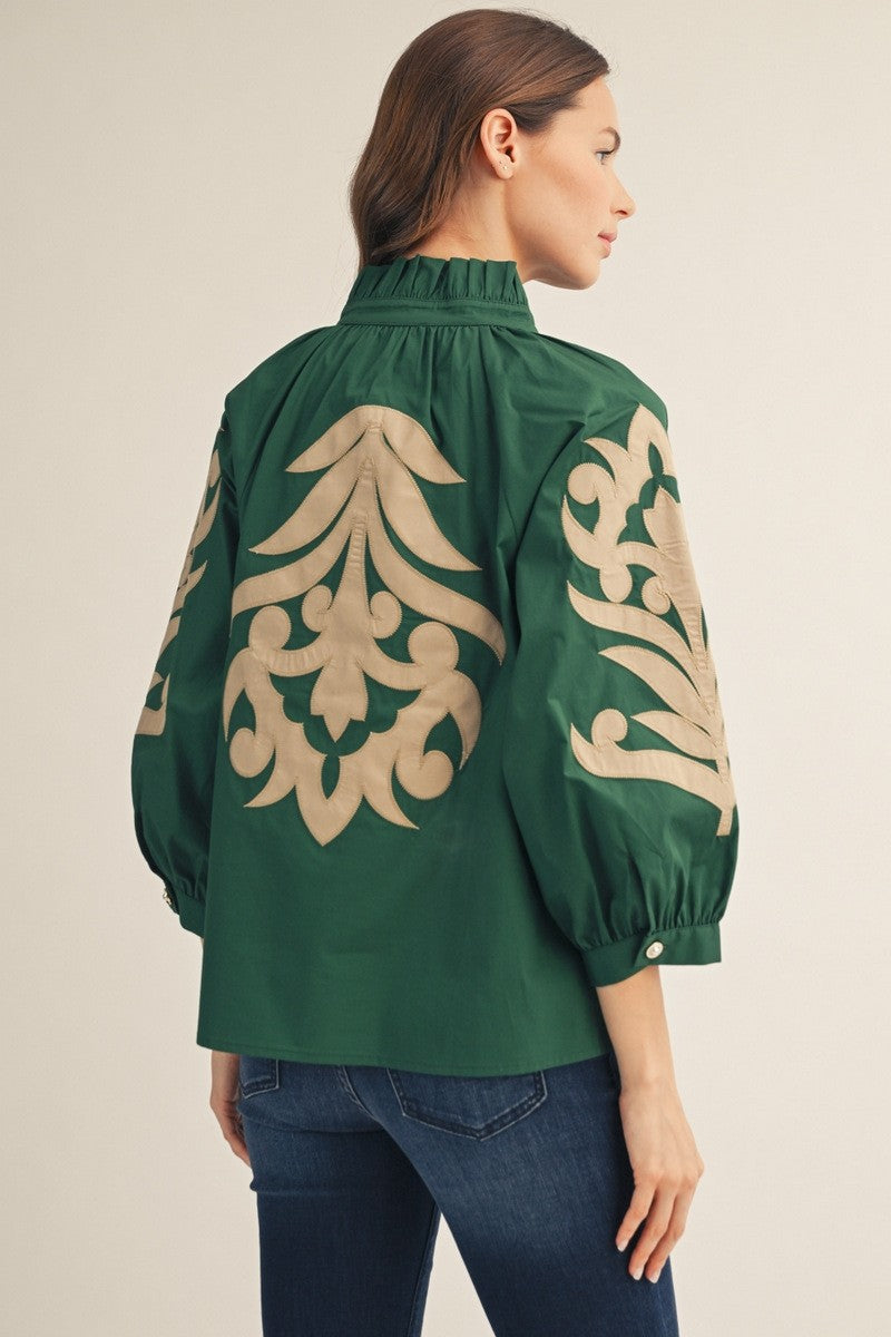 The Montana Baroque Appliqué Detail Top - Hunter Green