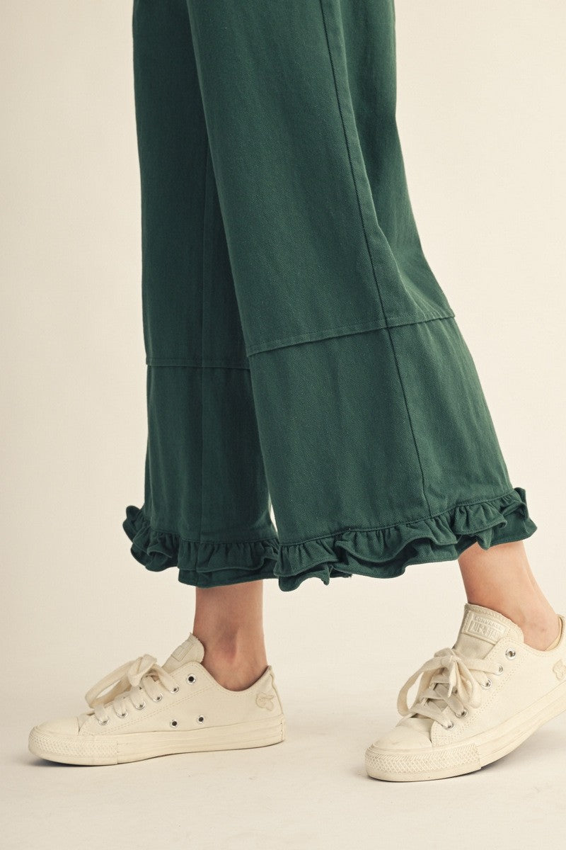 The Camden Ruffle Hem Wide Leg Casual Pants - Green