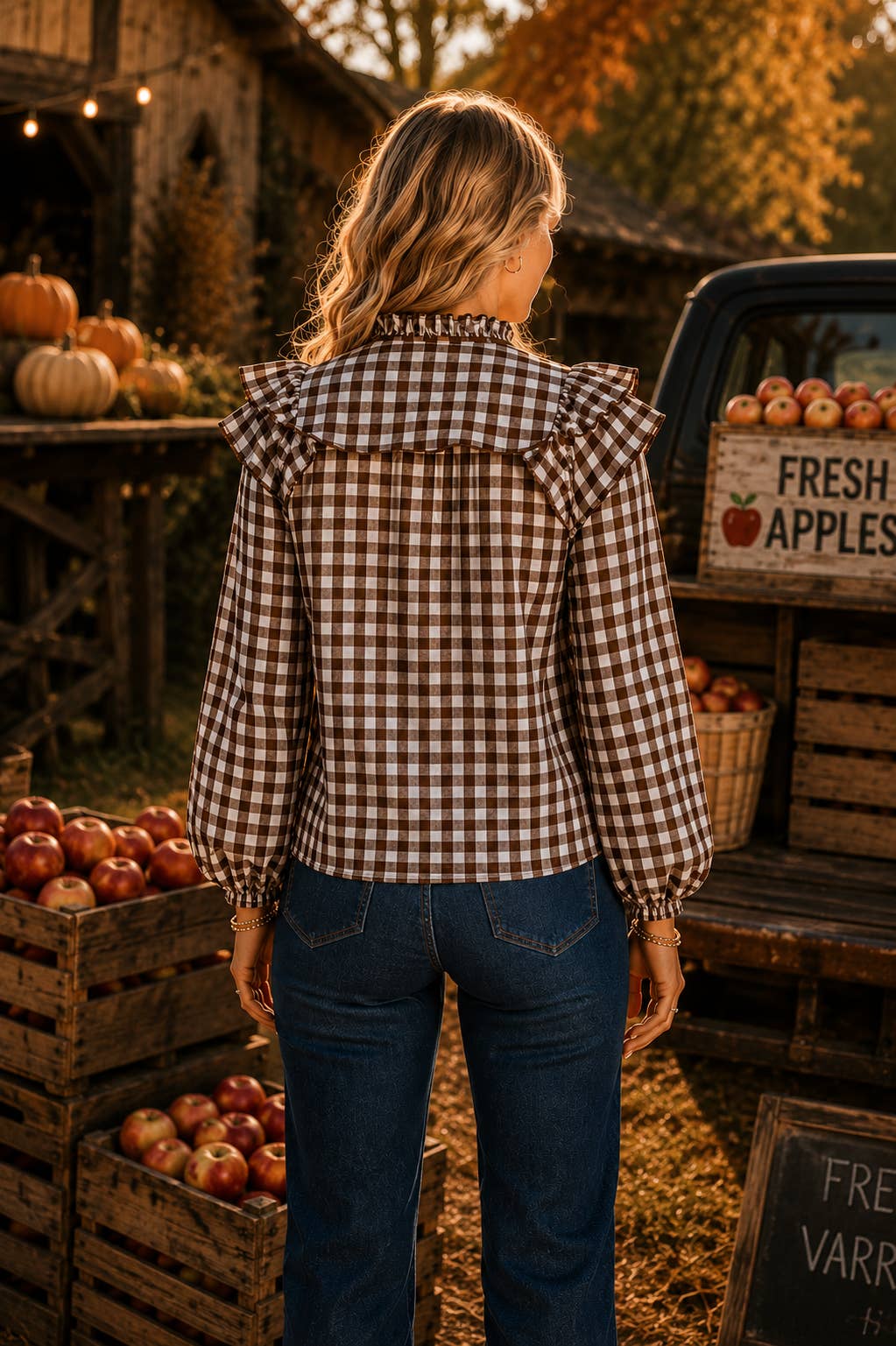 The Lacey Ruffle Collar Gingham Blouse - Chocolate