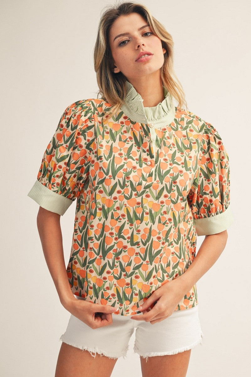 The Elley Stripe Contrast Detail Floral Top - Orange