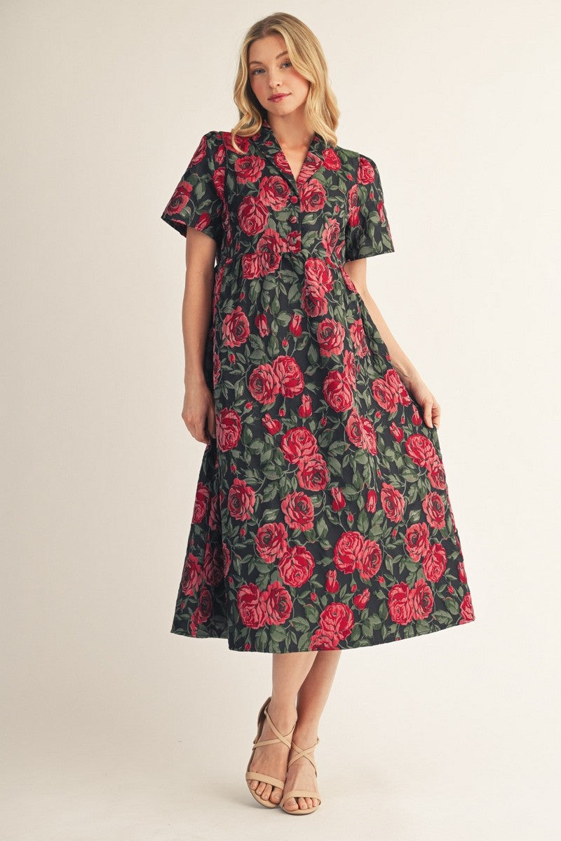 The Penelope Puff Shoulder Floral Jacquard Midi Dress - Black