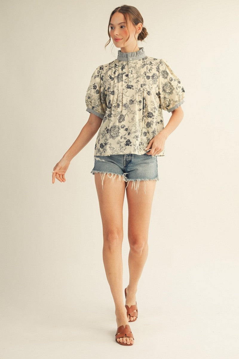 The Jennica Pintuck Detail Button Up Floral Top - Black