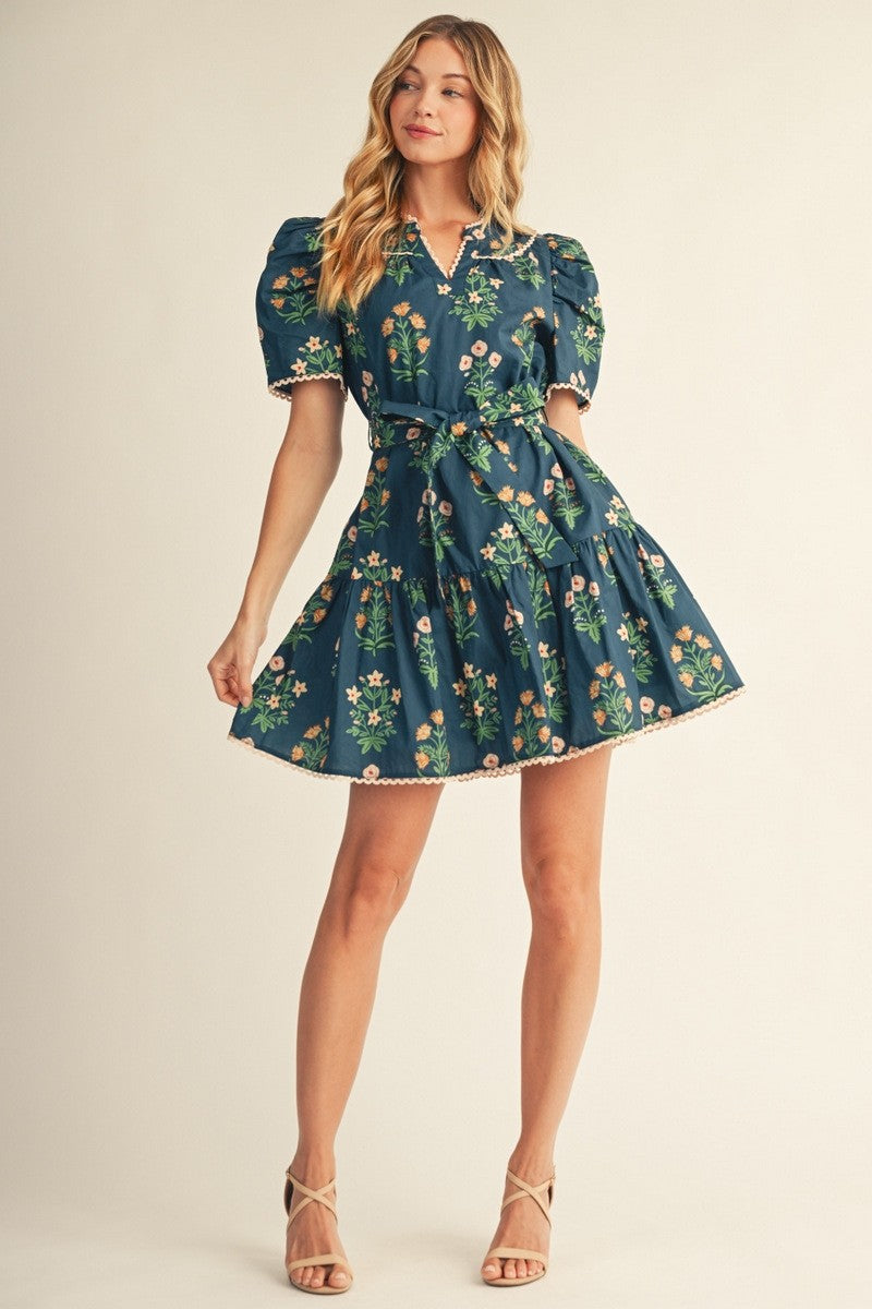 The Faelan Puff Shoulder Floral Dress - Teal
