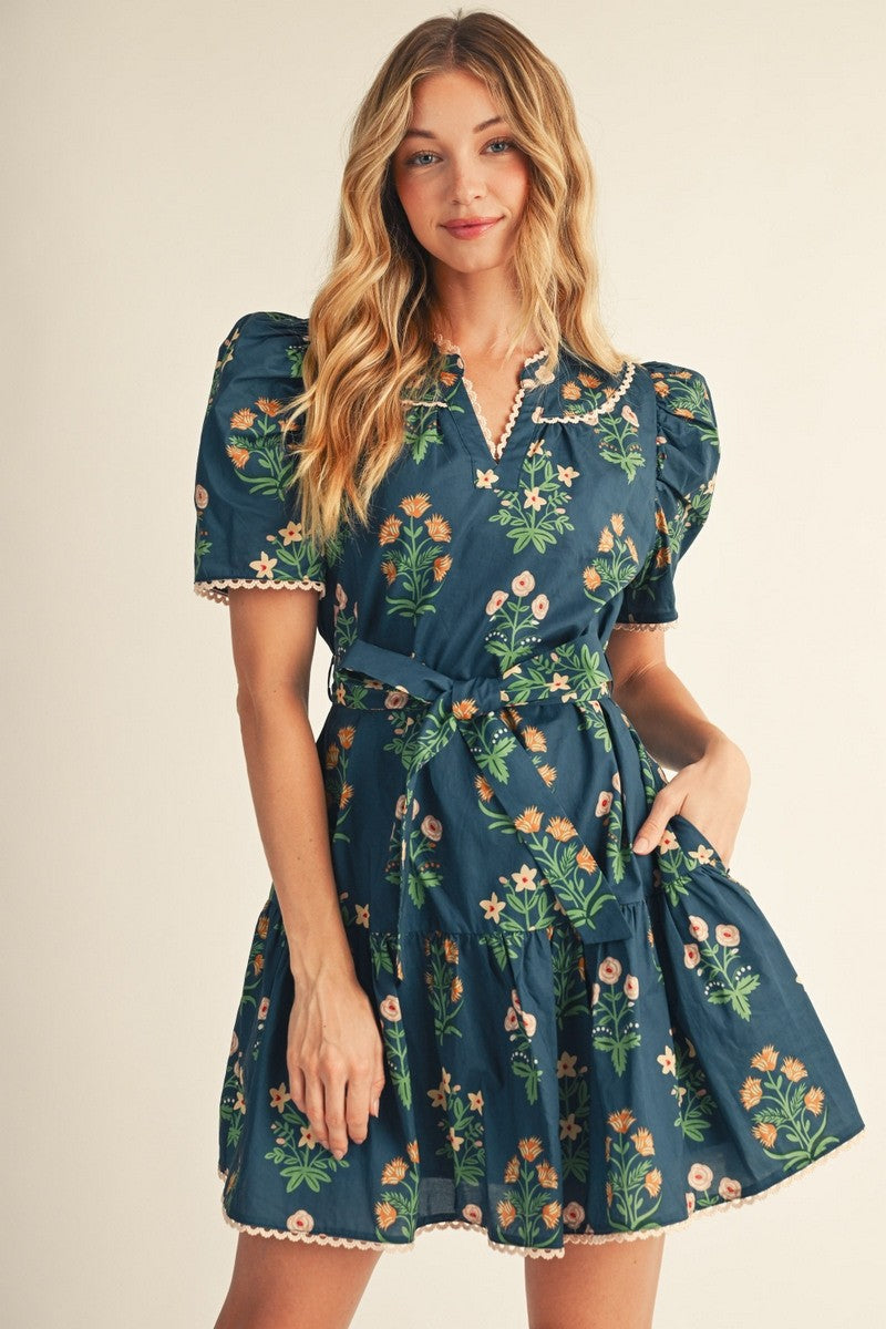 The Faelan Puff Shoulder Floral Dress - Teal