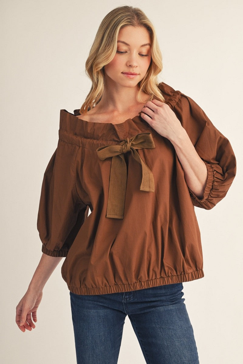 The Macyn Bow Drawstring Neckline Woven Top - Brown