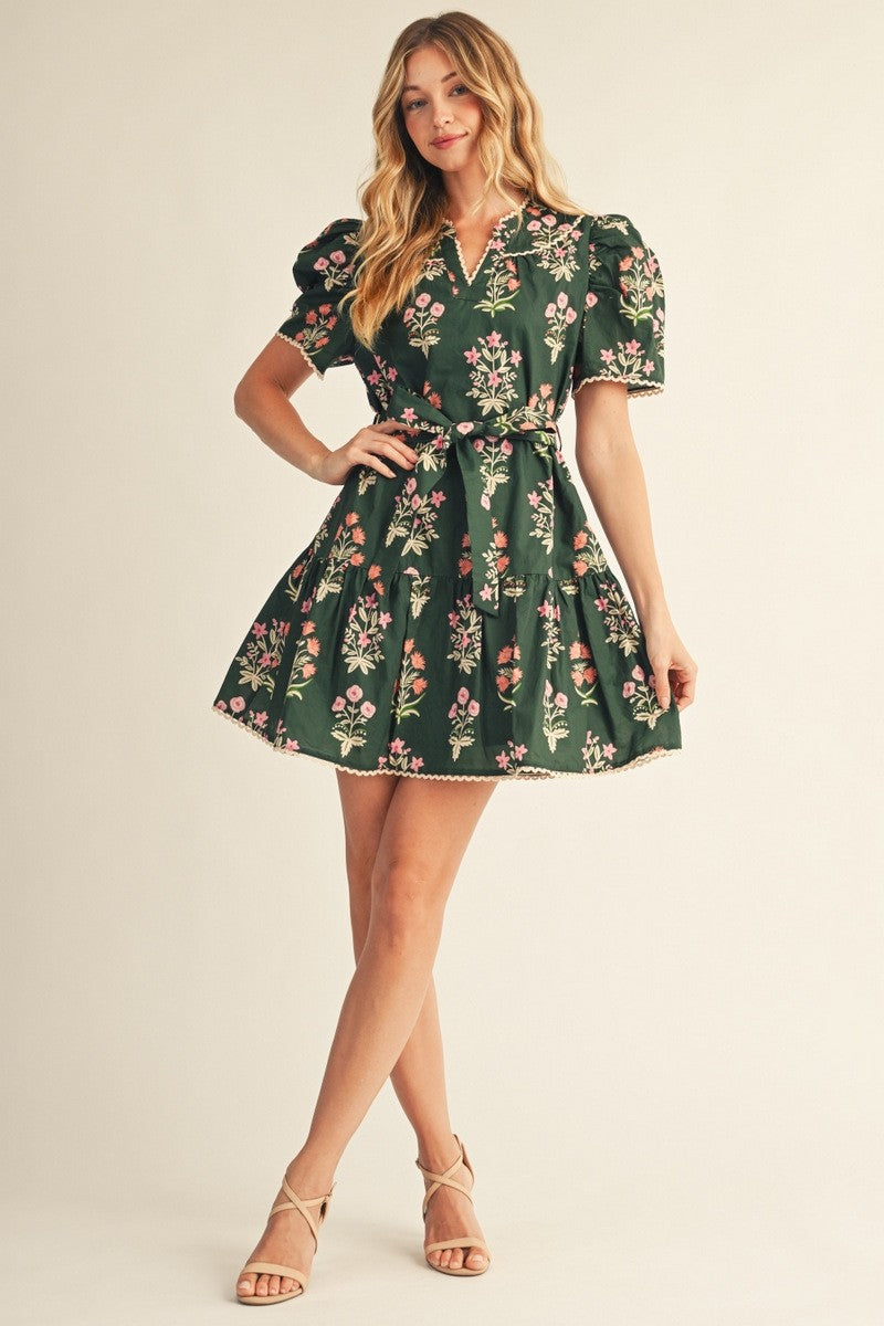 The Faelan Puff Shoulder Floral Dress - Olive