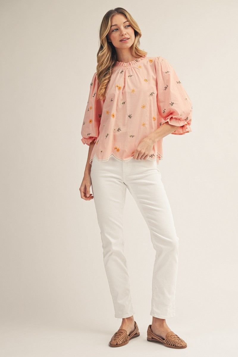 The Heidi Scallop Hem Floral Embroidered Top
