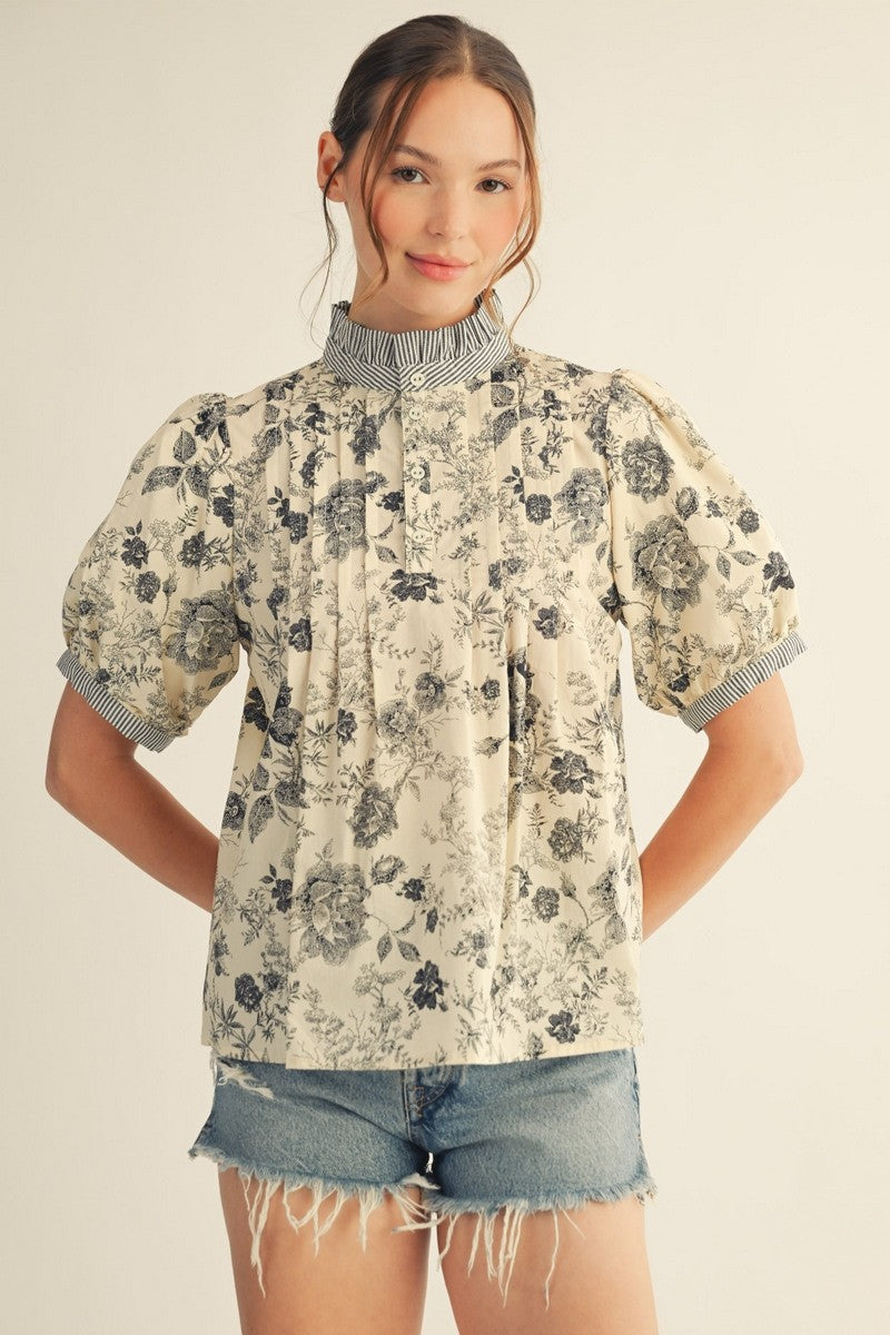 The Jennica Pintuck Detail Button Up Floral Top - Black