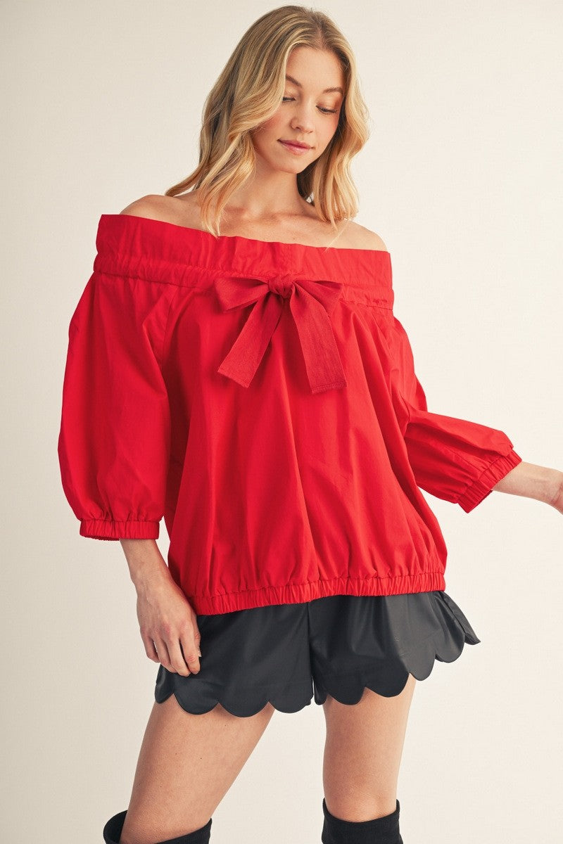 The Macyn Bow Drawstring Neckline Woven Top - Red
