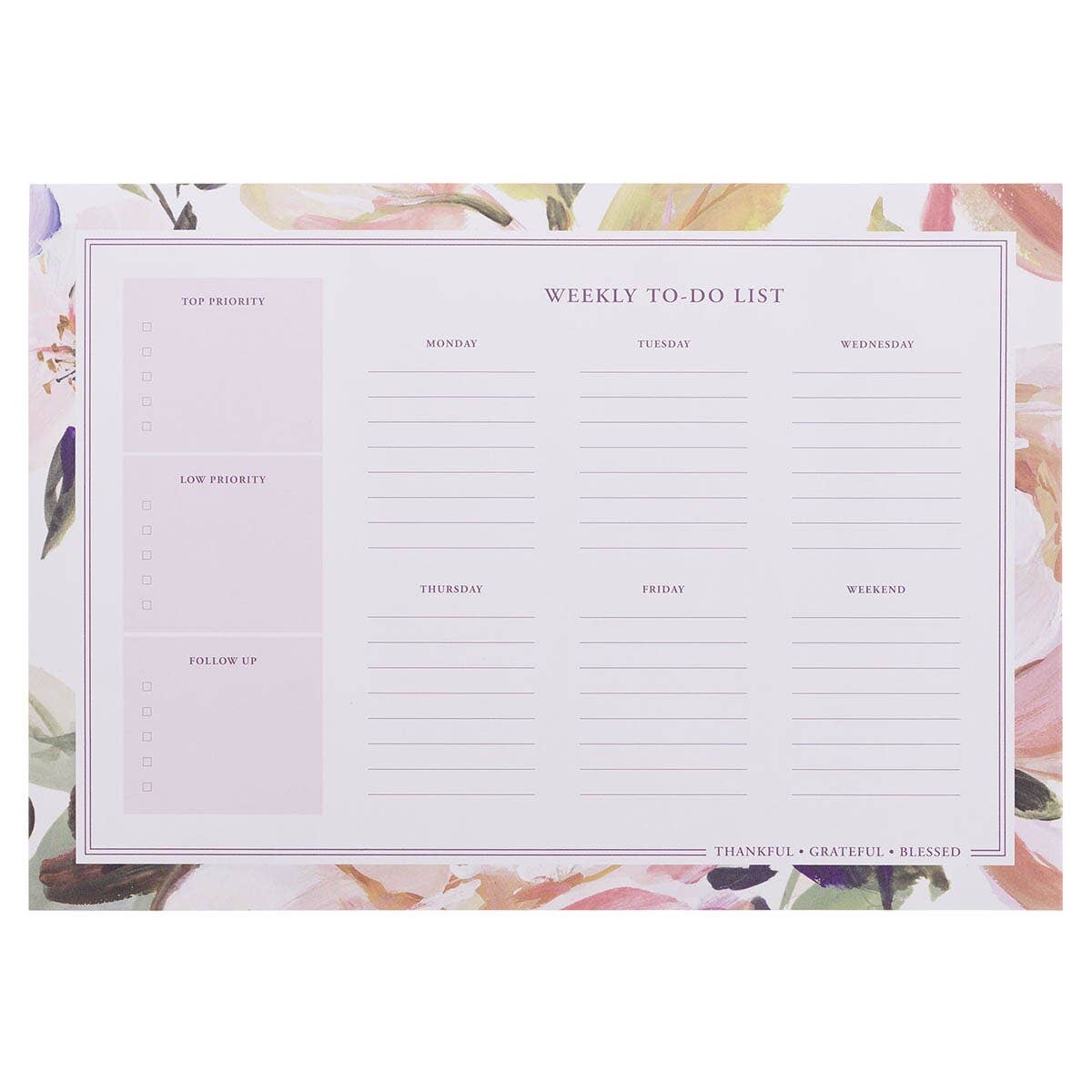 Weekly to-do list planner with floral design on a white background