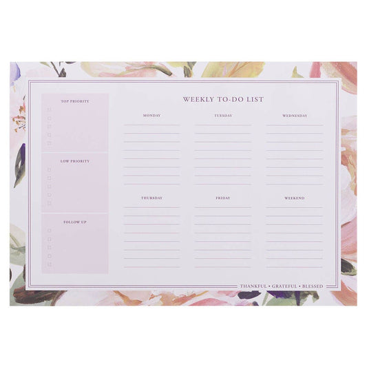 Weekly to-do list planner with floral design on a white background