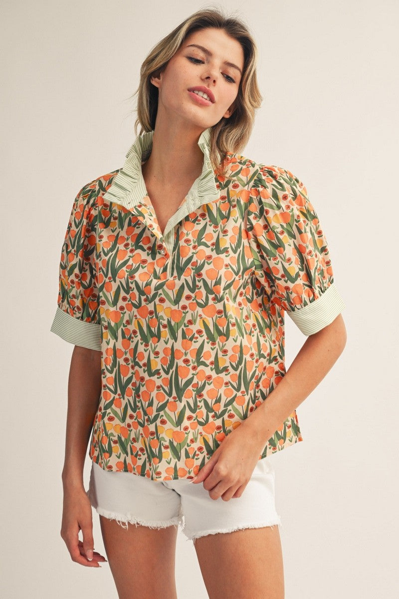 The Elley Stripe Contrast Detail Floral Top - Orange