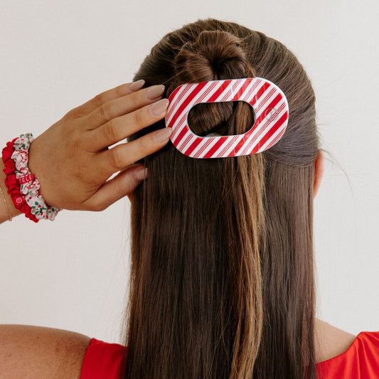 TELETIES - Medium Flat Round Hair Clip - Candy Cane Crush