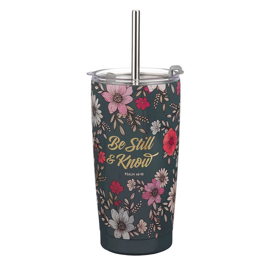 Be Still & Know Teal Floral SS Tumbler Ps. 46:10