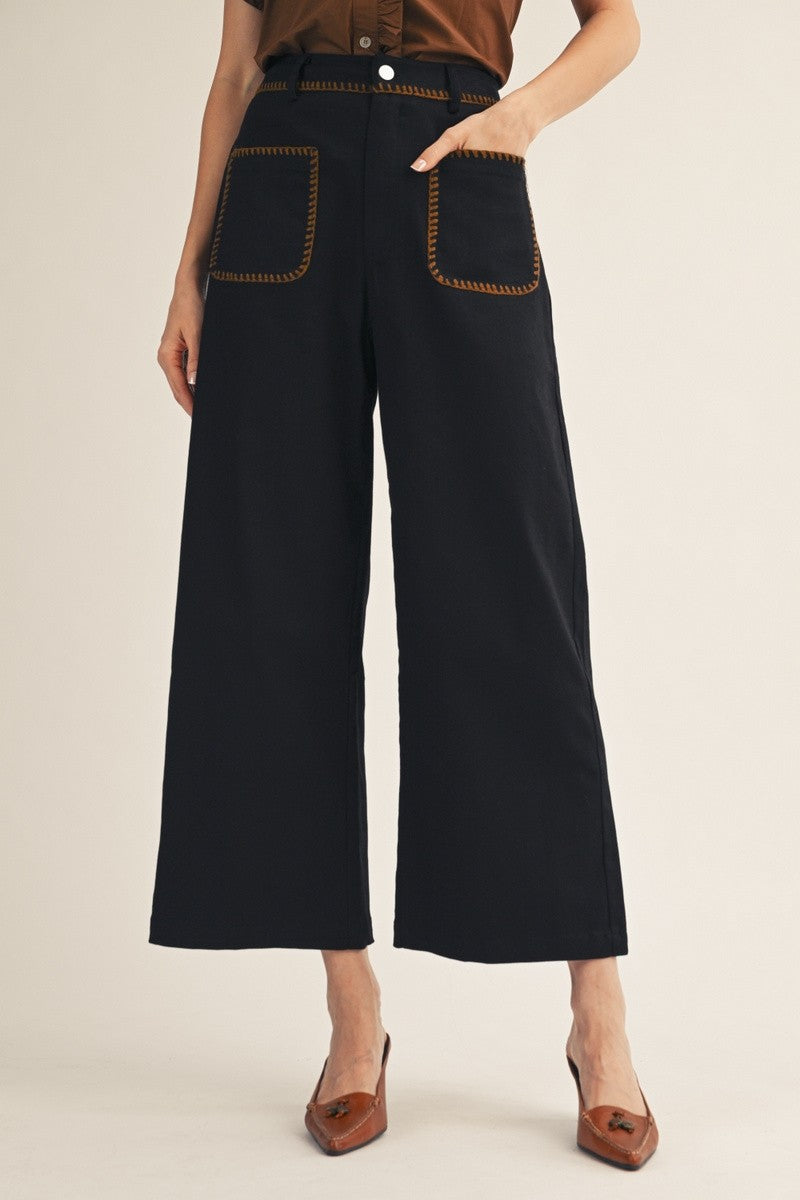 The Railey Stitch Accent Wide Leg Solid Pants - Black