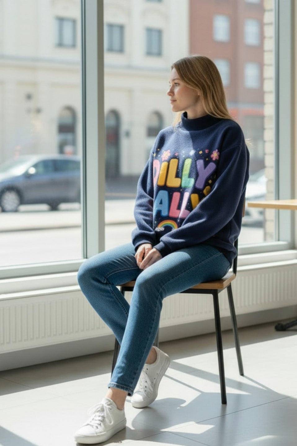 The Dilly Dally Reversible Mock Neck Sweatshirt - Navy/Rainbow