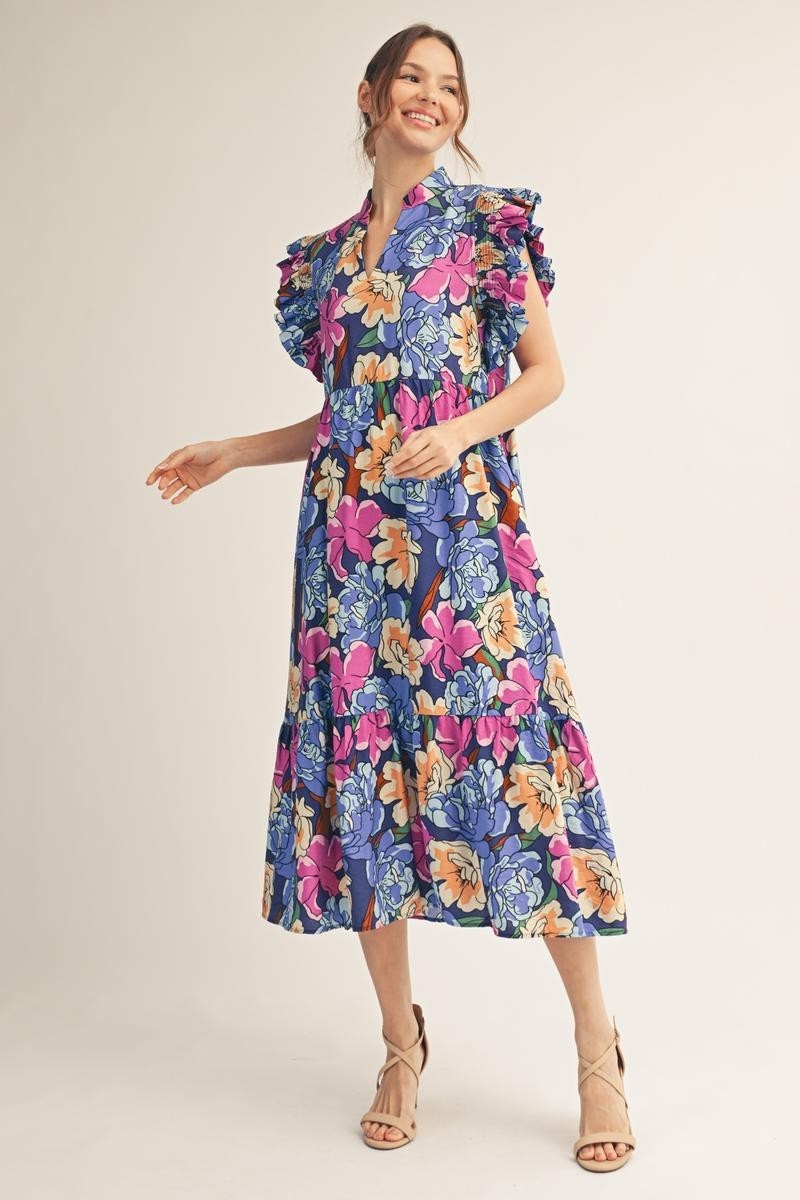The Keri Ruffle Sleeve Floral Midi Dress - Royal