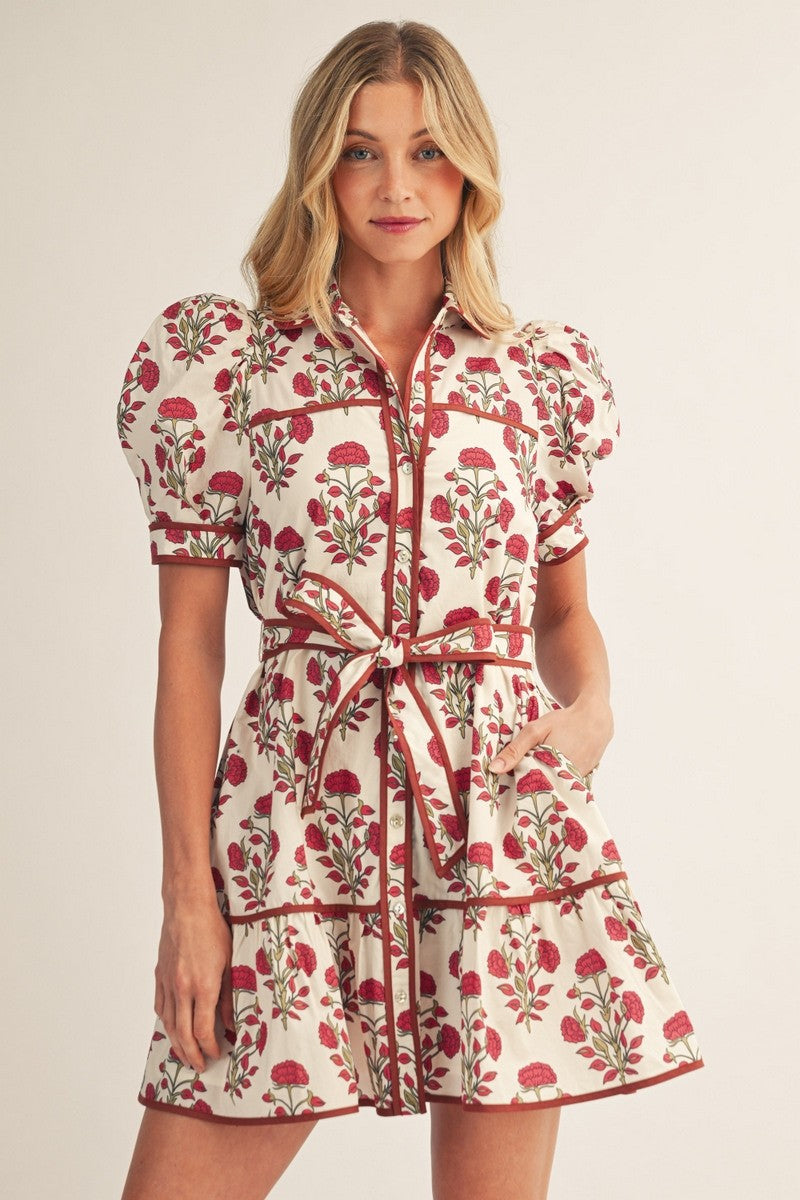 The Joelle Puff Shoulder Button Down Floral Dress - Ivory
