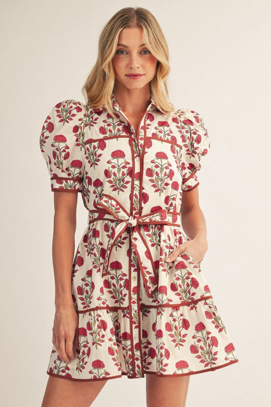 The Joelle Puff Shoulder Button Down Floral Dress - Ivory