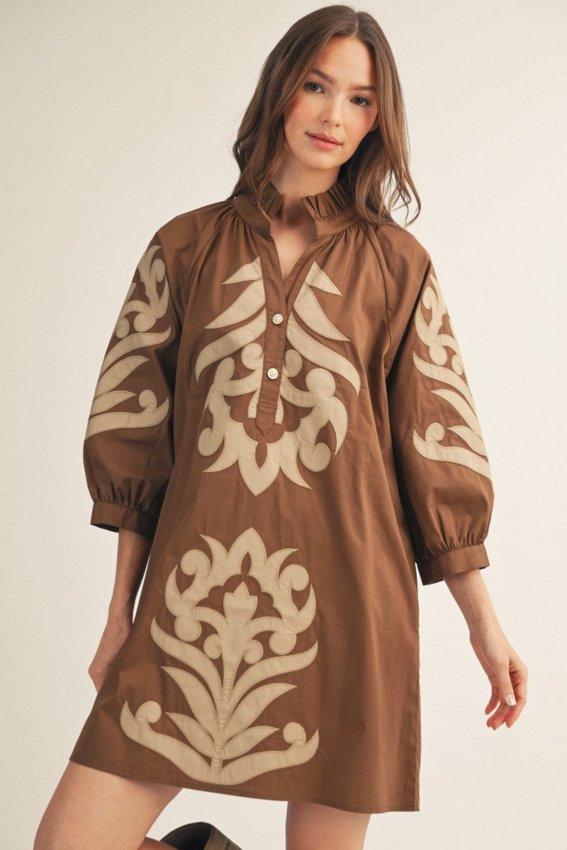 The Abilene Baroque Appliqué Shift Dress - Brown