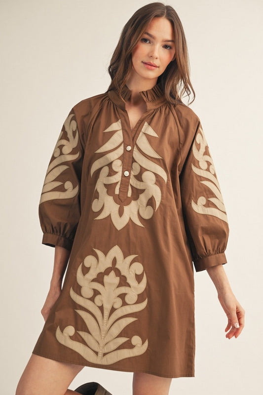 The Abilene Baroque Appliqué Shift Dress - Brown