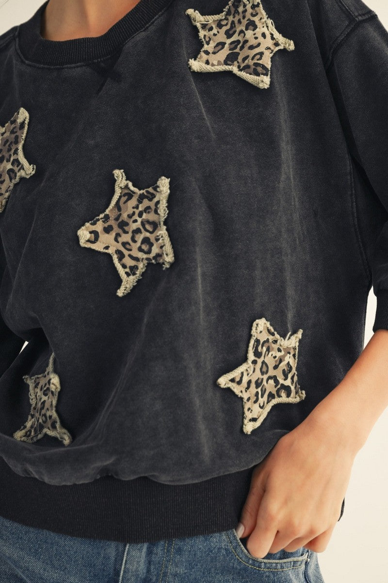 The Julienne Leopard Star Patched Washed Top - Black