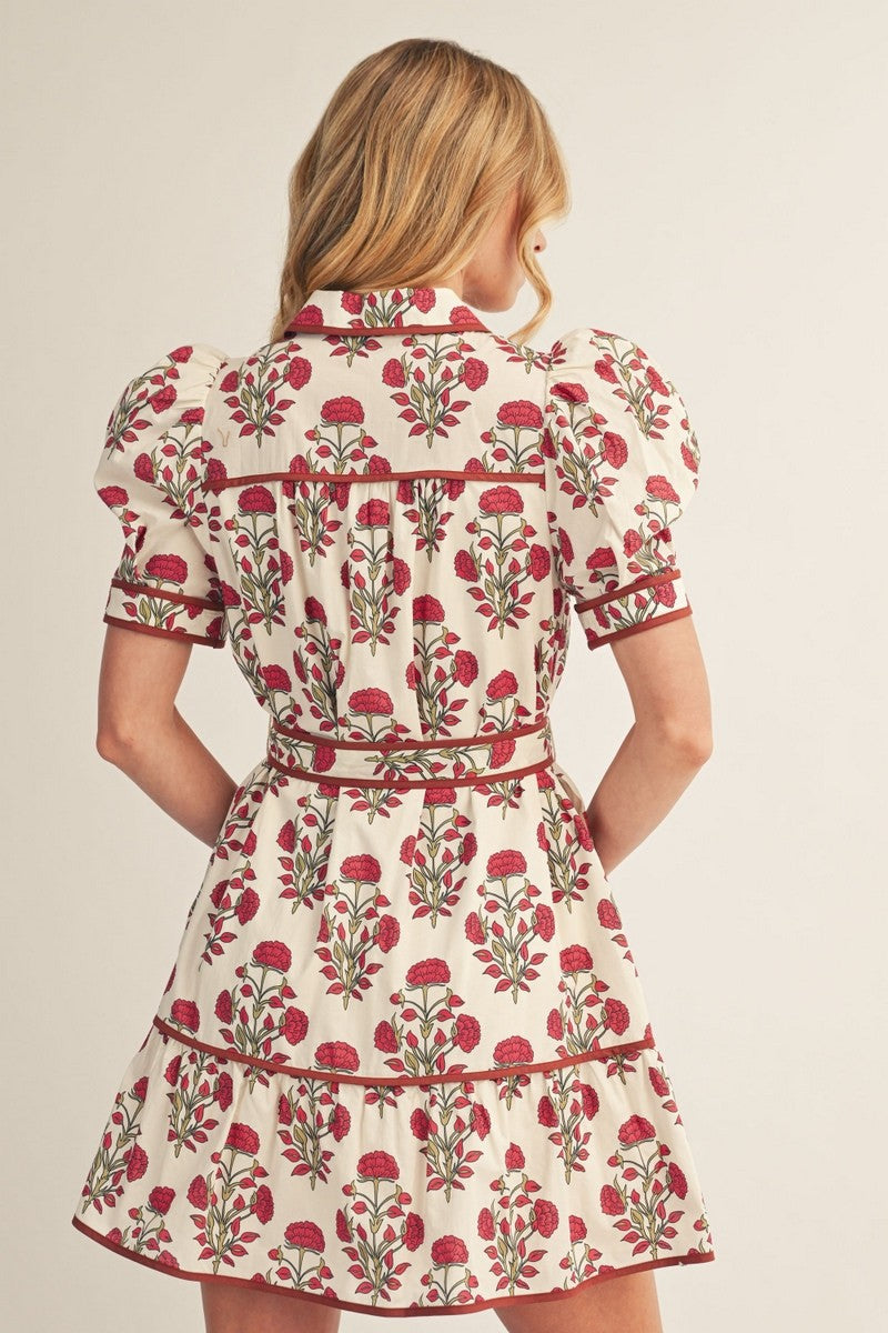 The Joelle Puff Shoulder Button Down Floral Dress - Ivory